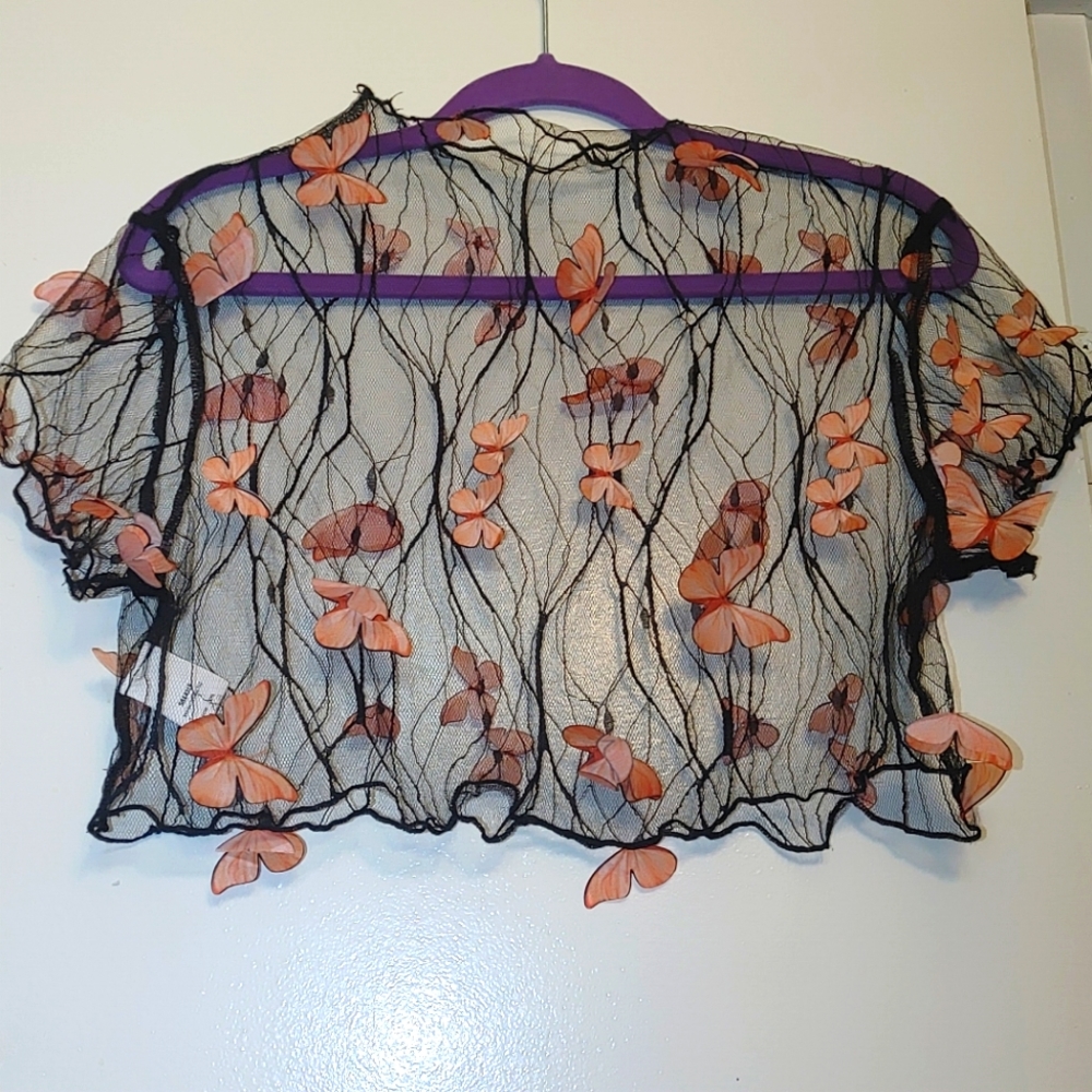 Shein sheer black lace with floating coral butterflies crop top, Size 7
